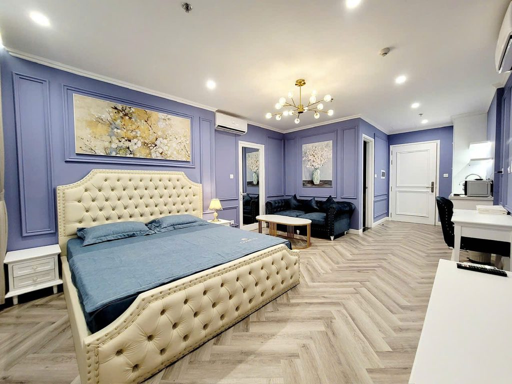 Căn studio homestay điển hình tại Ocean Park 1 với bếp, giường và khu tiếp khách gọn gàng